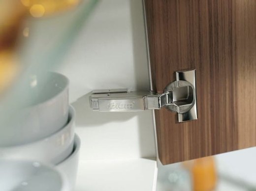 Blum Clip-top Blumotion concealed soft-close hinge mounted on a walnut cabinet door &mdash; the hinge fitted to every door built by Classic Woodworking & Vanity