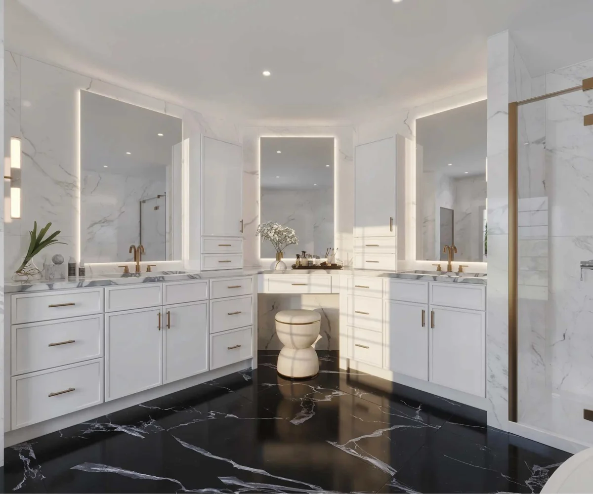 Glen Abbey floor-mounted white slim shaker double vanity with makeup counter, marble walls and brass hardware, Select Series