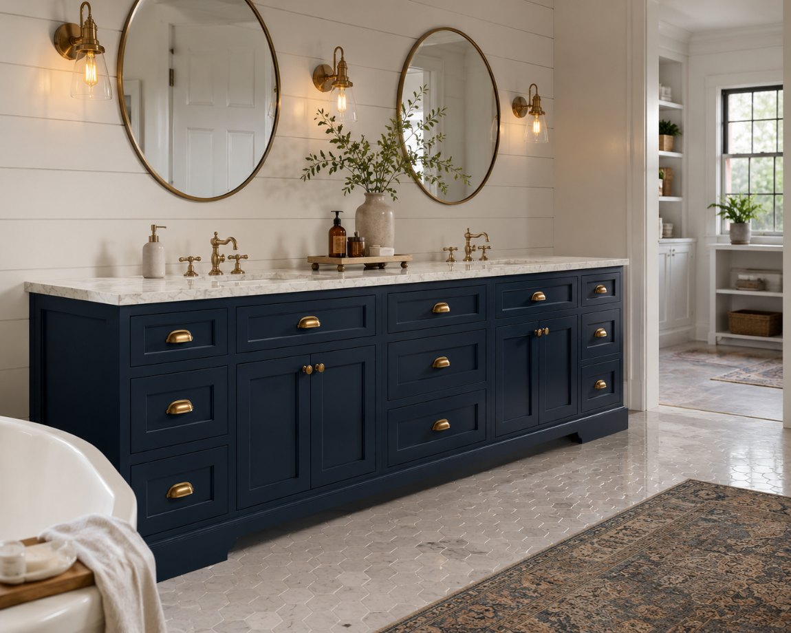 Glen Abbey vanity — navy double vanity with brass cup pulls
