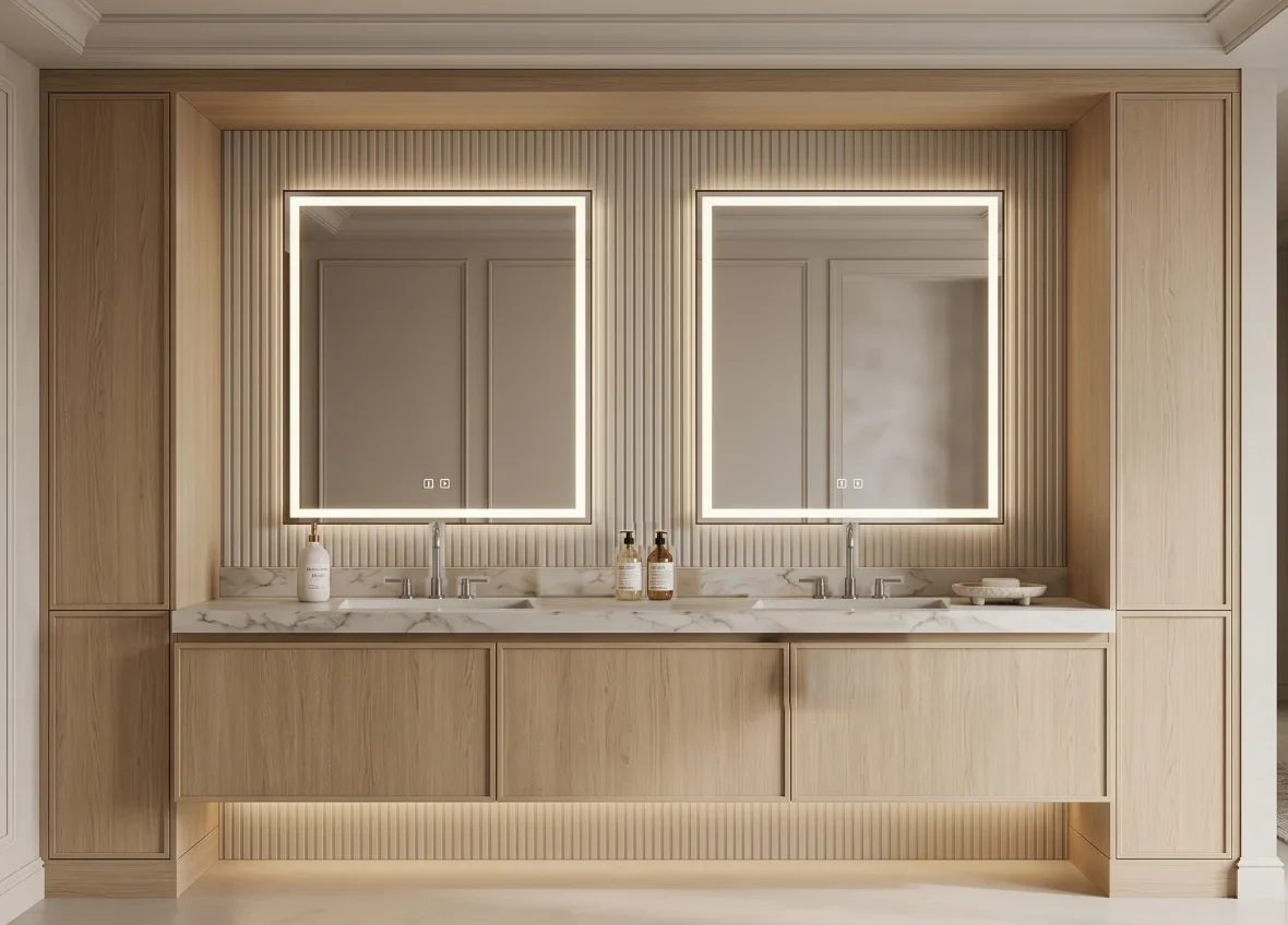 Loft wall-mounted floating double vanity in light oak with marble top and two lit mirrors, design concept