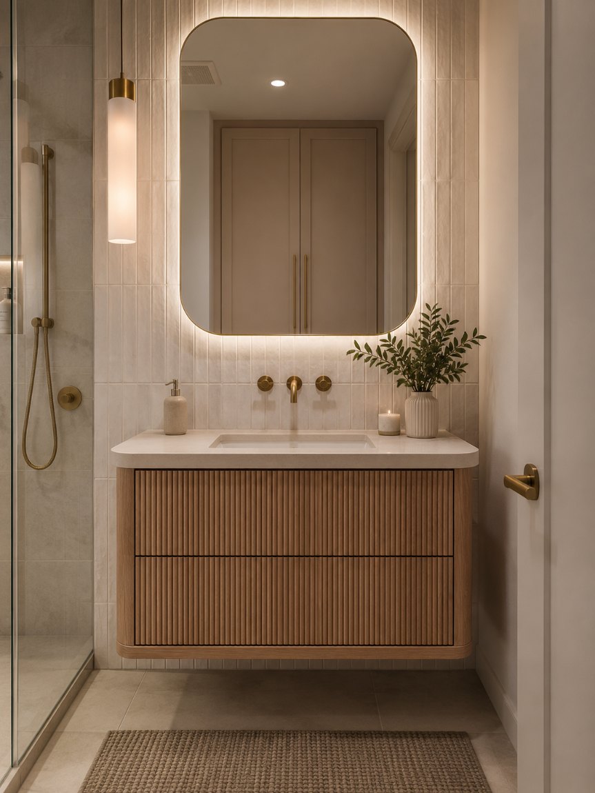 Monroe vanity — fluted floating vanity with backlit mirror
