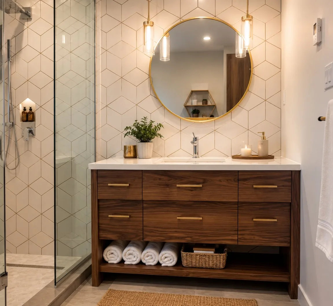 Richmond custom walnut bathroom vanity with brass hardware, hand-built in Toronto, Ontario