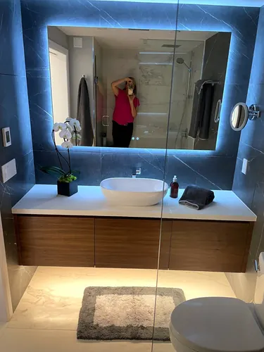 Walnut Floating Vanity Vessel — custom cabinetry by Classic Woodworking & Vanity in Oakville, Ontario