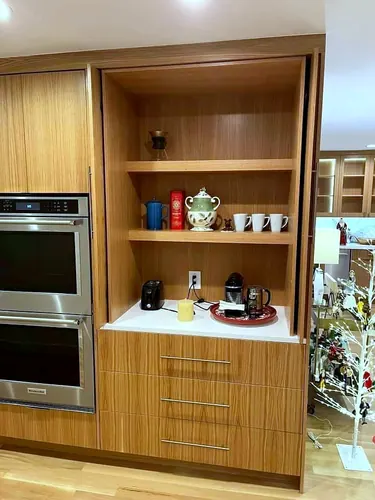 White Oak Coffee Bar Niche — custom cabinetry by Classic Woodworking & Vanity in Toronto, Ontario