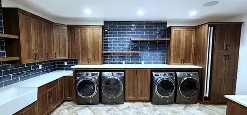 Walnut Laundry Room Cabinetry — custom cabinetry by Classic Woodworking & Vanity in Hamilton, Ontario