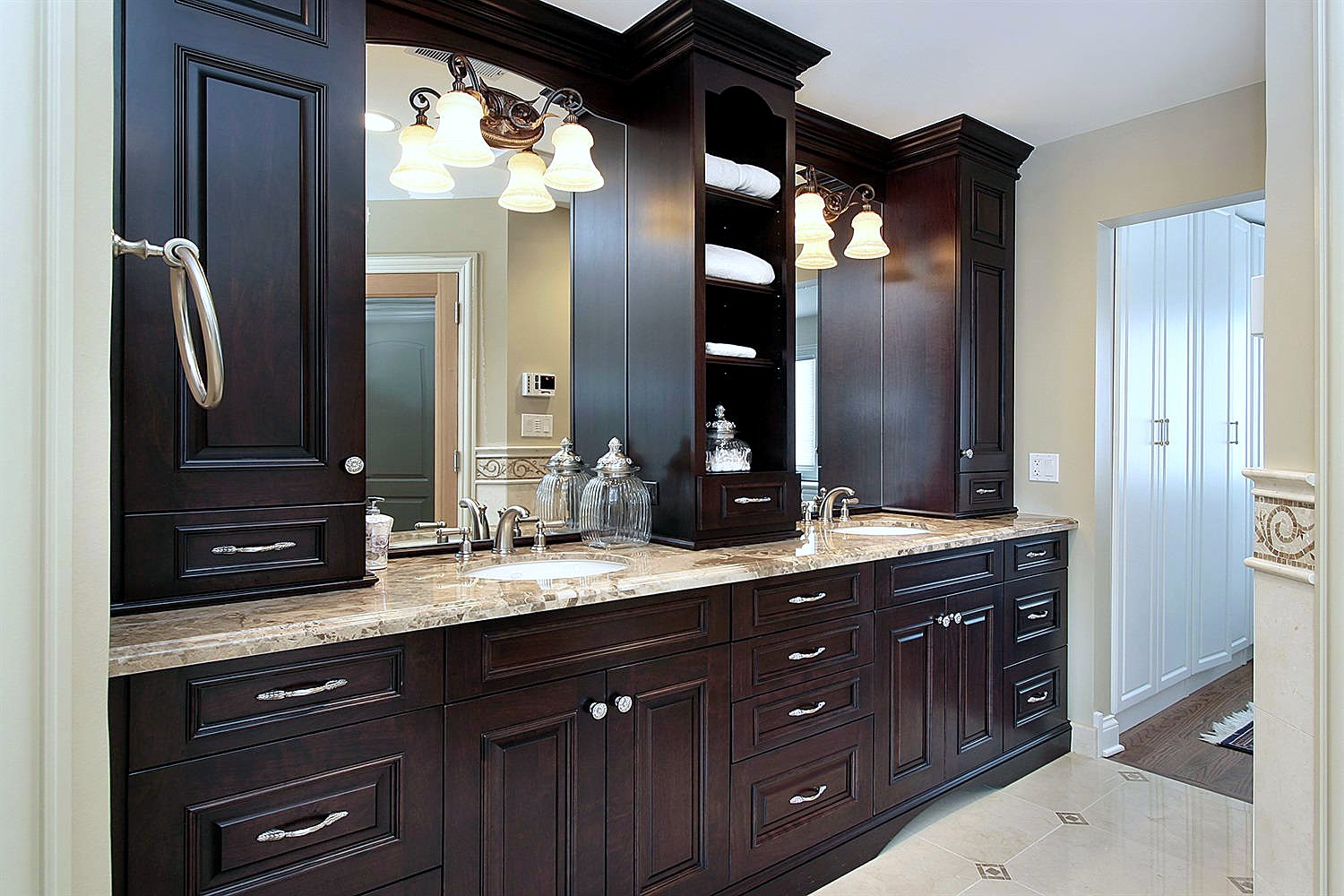 Glen Abbey vanity — classic dark double vanity with brass hardware